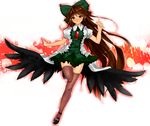  alternate_costume black_wings blush bow breasts brown_hair cape hair_bow highres large_breasts leg_up long_hair low_wings matsumaro_(kf9511) multicolored multicolored_eyes red_eyes reiuji_utsuho skirt smile solo thighhighs third_eye touhou very_long_hair wings yellow_eyes 