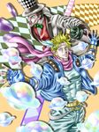  battle_tendency black_hair blonde_hair blue_eyes blue_jacket bolerou01 bottle bubble caesar_anthonio_zeppeli facial_hair facial_mark feathers fingerless_gloves formal gloves grandfather_and_grandson hair_feathers hat headband jacket jojo_no_kimyou_na_bouken multiple_boys mustache phantom_blood scarf suit top_hat will_anthonio_zeppeli 