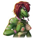  anthro breast_grab breasts bust female fivel forked_tongue green_body green_scales green_skin hair long_tongue looking_at_viewer nipples non-mammal_breasts nude pink_eyes pink_nipples red_hair reptile scalie snake solo tongue tongue_out topless 