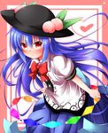  absurdres blue_hair blush bow commentary food fruit hat heart heart_hair highres hinanawi_tenshi long_hair looking_at_viewer peach pout red_eyes simple_background skirt skirt_set solo standing touhou tsundere wakagi_repa 