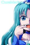  bloom blue blue_choker blue_eyes blue_hair character_name choker cure_marine hair_ornament hairpin heartcatch_precure! highres kurumi_erika long_hair magical_girl mouth_pull nishi_koutarou out_of_frame portrait precure simple_background solo white_background 