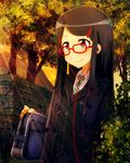  bag black_hair blazer chousoku_henkei_gyrozetter coat earbuds earphones glasses green_eyes hair_ornament hairclip jacket long_hair miwa_satori necktie red-framed_eyewear school_uniform solo striped tom_(drpow) tree 