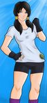  black_hair clenched_hand dragon_ball dragon_ball_z fingerless_gloves gloves hair_ornament liberated-gus looking_at_viewer shirt shorts t-shirt twintails videl 