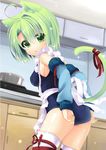  adjusting_clothes adjusting_swimsuit ahoge animal_ears april arm_warmers arms_up ass breasts cat_ears cat_tail dodome-iro_mayonnaise doujinshi green_eyes green_hair hat indoors kitchen leg_ribbon looking_back medium_breasts one-piece_swimsuit open_mouth original ribbon school_hat sharon_(dodomayo) short_hair solo sweat swimsuit swimsuit_under_clothes tail tail_ribbon thighhighs white_legwear 