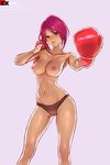  1girl bikini_bottom boxing_gloves boxing_ring breasts cleavage erect_nipples highres looking_at_viewer navel nipples panties pink_hair solo topless underwear yellow_eyes zx-77 