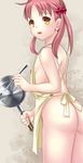  apron ass blush breasts brown_eyes brown_hair eko flat_chest hair_bobbles hair_ornament highres isshiki_momo ladle long_hair naked_apron nipples open_mouth pink_hair pot smile solo twintails vividred_operation yellow_eyes 