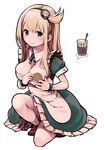 apron blonde_hair blush breasts cleavage detached_collar green_eyes hairband heart heart-shaped_pupils large_breasts lena_(zoal) long_hair looking_at_viewer one_knee original smile solo symbol-shaped_pupils waitress wrist_cuffs 