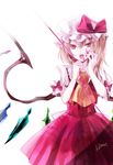  ascot banned_artist blonde_hair blood blood_on_face bloody_hands dress flandre_scarlet hat hat_ribbon hino_mamori looking_at_viewer open_mouth pink_dress pink_eyes puffy_sleeves red_string ribbon shirt short_sleeves side_ponytail simple_background slit_pupils solo string touhou white_background wings 