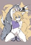  animal_ears arm_up blonde_hair blue_eyes blush breasts dudou facial_mark fish fox_ears fox_tail fundoshi headband japanese_clothes large_breasts looking_at_viewer md5_mismatch multiple_tails navel sandals short_hair solo squatting tabi tail touhou transpot_nonoko yakumo_ran 