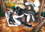  anthro black_fur black_hair breasts canine claws digitigrade duo eye_contact female forest fur hair hindpaw jacki_northstar leash legs_up lesbian lying mammal nipples nude on_back outside pawpads paws pussy tanuki_(artist) toes tree white_fur white_hair wolf 