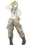  bad_id bad_pixiv_id boots brown_eyes clothes_around_waist combat_boots ear_protection flower gloves hair_flower hair_ornament hand_on_hip headset jumpsuit kafe_(bonbonrocks) long_hair metal_gear_(series) metal_gear_rising:_revengeance midriff name_tag navel pigeon-toed salute silver_hair solo striped sunny_gurlukovich tank_top 