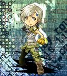  bad_id bad_pixiv_id bangs boots brown_eyes chibi clothes_around_waist ear_protection gloves hair_ornament hairclip headset jousan jumpsuit metal_gear_(series) metal_gear_rising:_revengeance name_tag silver_hair striped sunny_gurlukovich swept_bangs tank_top 