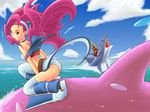  1girl animal anne_(dolphin_blue) ass belt blue_hair cloud day dolphin dolphin_blue erio_(dolphin_blue) flippers floating_hair from_side greif gun long_hair looking_at_viewer looking_to_the_side ocean outdoors pink_hair riding rifle scarf shark sky splashing water weapon 