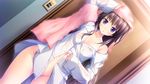  1girl blush brown_hair game_cg hapymaher hirasaka_keiko long_hair navel no_bra no_panties nopan purple_eyes purple_software solo towel tsukimori_hiro wet 