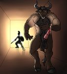  anthro balls dripping duo erection facial_piercing horn human male mammal minotaur muscles nose_piercing nude penis piercing precum shield silhouette sword transformation vein weapon 