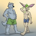  anthro boxer_briefs boxers canine duo ear_piercing facial_piercing lagomorph lip_piercing male mammal overweight piercing rabbit size_difference topless underwear wolf 