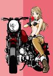  apple bad_id bad_pixiv_id bikini_top blonde_hair breasts eva_(mgs) food fruit gloves goggles goggles_around_neck ground_vehicle kafe_(bonbonrocks) metal_gear_(series) metal_gear_solid_3 motor_vehicle motorcycle pants solo underboob 