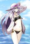  arm_up bad_id bad_pixiv_id bikini bow cloud collarbone contrapposto day hair_over_one_eye hair_ribbon hand_on_headwear hand_up hat hat_bow heart heart_necklace jacket jacket_over_swimsuit jewelry long_hair navel necklace ocean open_clothes open_jacket original purple_eyes purple_hair ramuya_(lamb) ribbon side-tie_bikini sky solo standing sun_hat swimsuit thighs very_long_hair water 