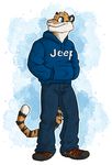  blue_eyes clothing feline jeans looking_at_viewer male mammal shoes sofakinggood solo sweatshirt tiger 
