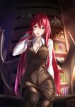  :d adjusting_hair bad_id bad_pixiv_id bat_wings black_legwear blush bookshelf breasts buttons cleavage colored_eyelashes desk dress_shirt eyelashes fangs head_wings koakuma kyon_(fuuran) large_breasts large_wings long_hair long_sleeves looking_at_viewer low_wings open_mouth pantyhose red_eyes red_hair seductive_smile shirt sitting skirt skirt_set smile solo thighband_pantyhose touhou unbuttoned very_long_hair vest white_shirt wings 