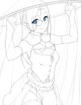  1girl bangs blue_eyes braid breasts circlet cleavage commentary_request cowboy_shot detached_sleeves eyebrows_visible_through_hair garter_straps greyscale hands_up hat head_tilt hi_iro holding long_sleeves looking_at_viewer medium_breasts monochrome monocle original parted_bangs parted_lips pointy_ears sash solo spot_color thighhighs veil vest white_background 