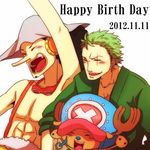  1:1 3boys birthday black_hair earrings eye_closed eyes_closed goggles goggles_around_neck green_hair hat headphones jewelry male male_focus multiple_boys one-eyed one_piece open_clothes reindeer roronoa_zoro scar smile suspenders tony_tony_chopper usopp white_hat x_(symbol) 