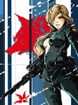 bad_id bad_pixiv_id belt blonde_hair breasts catsuit cleavage gun hair_over_one_eye kafe_(bonbonrocks) long_hair medium_breasts metal_gear_(series) metal_gear_solid open_clothes red_eyes rifle sniper_rifle sniper_wolf solo unzipped weapon 
