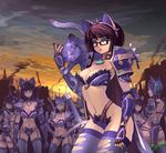  6+girls animal_ears armor army artist_request ass blue_eyes cat cat_ears collar female glasses multiple_girls pantyhose purple_hair sword thighhighs weapon women 