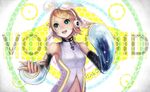  android blonde_hair detached_sleeves fukushima_(jfierd) glowing glowing_eyes hair_ornament hair_ribbon hairclip headphones kagamine_rin kagamine_rin_(append) musical_note navel open_mouth ribbon short_hair solo vocaloid vocaloid_append 