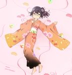  artist_name asagiri_shiori bad_id bad_pixiv_id barefoot glasses hair_ornament highres japanese_clothes kanau kimono lying ponytail purple_eyes purple_hair solo tamako_market 