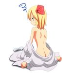  ass back barefoot blonde_hair book butt_crack cato_(monocatienus) from_behind frown full_body hair_ribbon nude red_eyes ribbon rumia short_hair simple_background sitting solo squiggle touhou wariza white_background 