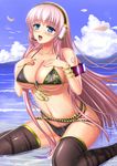  bad_id bad_pixiv_id beach belt bikini black_legwear blue_eyes blush breast_suppress breasts cloud day headphones headset large_breasts legs long_hair megurine_luka microphone open_mouth outdoors partially_submerged petals pink_hair shibata_rai sitting sky solo swimsuit thighhighs thighs tongue very_long_hair vocaloid water wet 