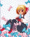  candy food jagabutter mary_janes mouth_hold polka_dot polka_dot_background rumia shoes smile solo touhou 