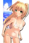  :p bikini blonde_hair breasts covered_nipples eyelashes green_eyes idolmaster idolmaster_cinderella_girls jougasaki_rika kirisaki_byakko long_hair medium_breasts micro_bikini navel solo swimsuit tan tanline tongue tongue_out two_side_up undressing 