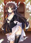  apron black_hair black_legwear blush bra breasts brown_eyes character_request cleavage collarbone flower garters japanese_clothes kimono long_hair looking_at_viewer maid_headdress medium_breasts open_clothes petals ratise single_thighhigh solo strap_slip sword_girls thighhighs underwear 
