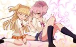  bad_id bad_pixiv_id badge blonde_hair bow bracelet button_badge clothes_around_waist collarbone eyelashes green_eyes gyaru hair_bow highres idolmaster idolmaster_cinderella_girls jewelry jougasaki_mika jougasaki_rika kogal loafers long_hair long_legs multiple_girls nail_polish necktie one_eye_closed plaid plaid_skirt pleated_skirt purple_hair ring school_uniform shoes siblings sisters sitting skirt sleeves_rolled_up smile socks star striped striped_neckwear sweater sweater_around_waist sweater_vest tongue tongue_out two_side_up v_over_eye wariza yellow_eyes yuki_shiro 