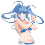  :o aoba_anoa aqua_eyes bikini blue blue_hair blush covering covering_breasts crossed_arms highres long_hair navel official_art otomedius side-tie_bikini simple_background solo swimsuit twintails wardrobe_malfunction white_background yoshizaki_mine 