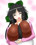  ^_^ apron bare_shoulders between_breasts black_hair bow breast_smother breasts closed_eyes commentary_request hair_bow head_between_breasts hug huge_breasts jewelry long_hair masami_t mature necklace off-shoulder_sweater open_mouth reiuji_utsuho smile sweater touhou 