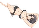  armpits arms_behind_head barefoot bikini black_eyes black_hair blush breasts feet front-tie_top full_body gj-bu large_breasts looking_at_viewer lying mori_(gj-bu) navel on_back short_hair side-tie_bikini simple_background smile solo swimsuit tenchisouha white_background 