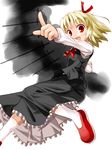  bad_id bad_pixiv_id blonde_hair danmaku darkness hair_ribbon open_mouth ozaki_(ko-zaki) pointing red_eyes ribbon rumia short_hair skirt skirt_set smile solo touhou 