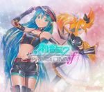  aqua_hair artist_name belt blonde_hair boots character_name choker detached_sleeves dress elbow_gloves fingerless_gloves fishnet_pantyhose fishnets gloves green_eyes guitar hair_ornament hairclip hat hatsune_miku headset instrument kagamine_rin legwear_under_shorts long_hair mayo_riyo midriff multiple_girls navel pantyhose project_diva_(series) project_diva_2nd project_diva_f shorts thigh_boots thighhighs traditional_media very_long_hair vocaloid 