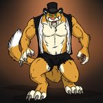  anthro biceps brown_fur chest_tuft chubby claws clothing cougar fangs feline fur green_eyes hat looking_at_viewer male mammal muscle_growth musclegut muscles open_mouth open_shirt pants pecs pose shirt shorts solo standing toe_claws tongue torn_clothing tuft whiskers white_fur 