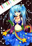  arcade_sona arm_warmers bare_shoulders blue_eyes blue_hair blush breasts cleavage colored_pencil_(medium) fingerless_gloves gloves gradient_hair highres instrument jewelry keyboard_(instrument) kinoko0120 league_of_legends long_hair medium_breasts midriff multicolored_hair musical_note navel necklace open_mouth purple_hair solo sona_buvelle star traditional_media twintails 