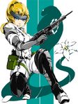  assault_rifle bad_id bad_pixiv_id bandana blonde_hair blue_eyes bodysuit chaps flower gloves gun kafe_(bonbonrocks) long_hair metal_gear_(series) metal_gear_solid metal_gear_solid_3 one_knee ponytail pouch rifle solo the_boss weapon younger 