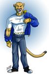  bulge clothing cougar feline jacket jeans jockstrap licking lips looking_at_viewer male mammal muscles one_eye_closed shirt shoes solo teeth tongue underwear wink 