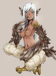  aqua_eyes bad_id bad_pixiv_id blush breasts brown_wings dark_skin feathered_wings feathers full_body harpy head_feathers long_hair looking_at_viewer medium_breasts monster_girl navel nipples nude nukomasu original simple_background smile solo squatting tail_feathers talons very_long_hair white_hair wings 