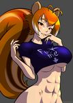  abs animal_ears antenna_hair blazblue bottomless breasts brown_eyes brown_hair clothes_writing colorized crop_top finger_to_mouth fuck-me_shirt huge_breasts ian_chase makoto_nanaya meme_attire multicolored_hair naughty_face navel profanity short_hair solo squirrel_ears squirrel_tail tail two-tone_hair underboob watermark web_address white_hair 