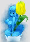  blue blue_eyes blue_hair breasts cup flower goo_girl highres in_container in_cup large_breasts long_hair minigirl monster_girl nijitama_shiyushiyu nipples original solo tentacle_hair v_arms 