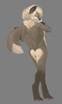  ambiguous_gender back butt canine fox fur grey_fur hair looking_at_viewer looking_back mammal nude pira plain_background solo standing white_hair 