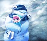  annie_hastur bear blue_eyes boots carrying coat fur_trim hood league_of_legends mizoreame open_mouth pink_hair short_hair stitches tibbers winter_clothes winter_coat 